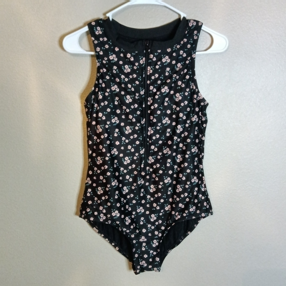 Modcloth Black Floral One Piece Swimsuit Front Zip Medium
